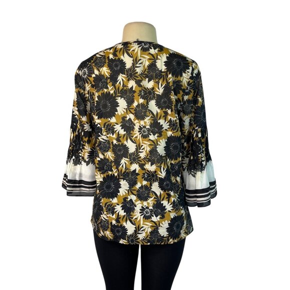 Kobi Halperin Black & Yellow Floral Print Blouse With Bell Sleeves Womens Size M - Picture 3 of 6